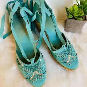 Women's Turquoise Embroidered Wedge Espadrilles with Ankle Ties